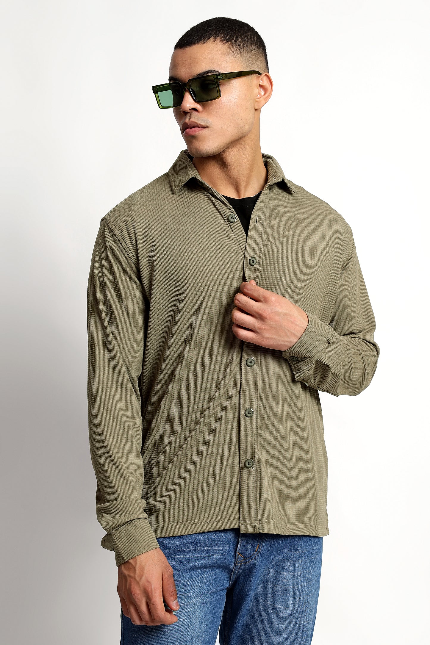 Regular fit Poly Cotton Olive Green Shirt
