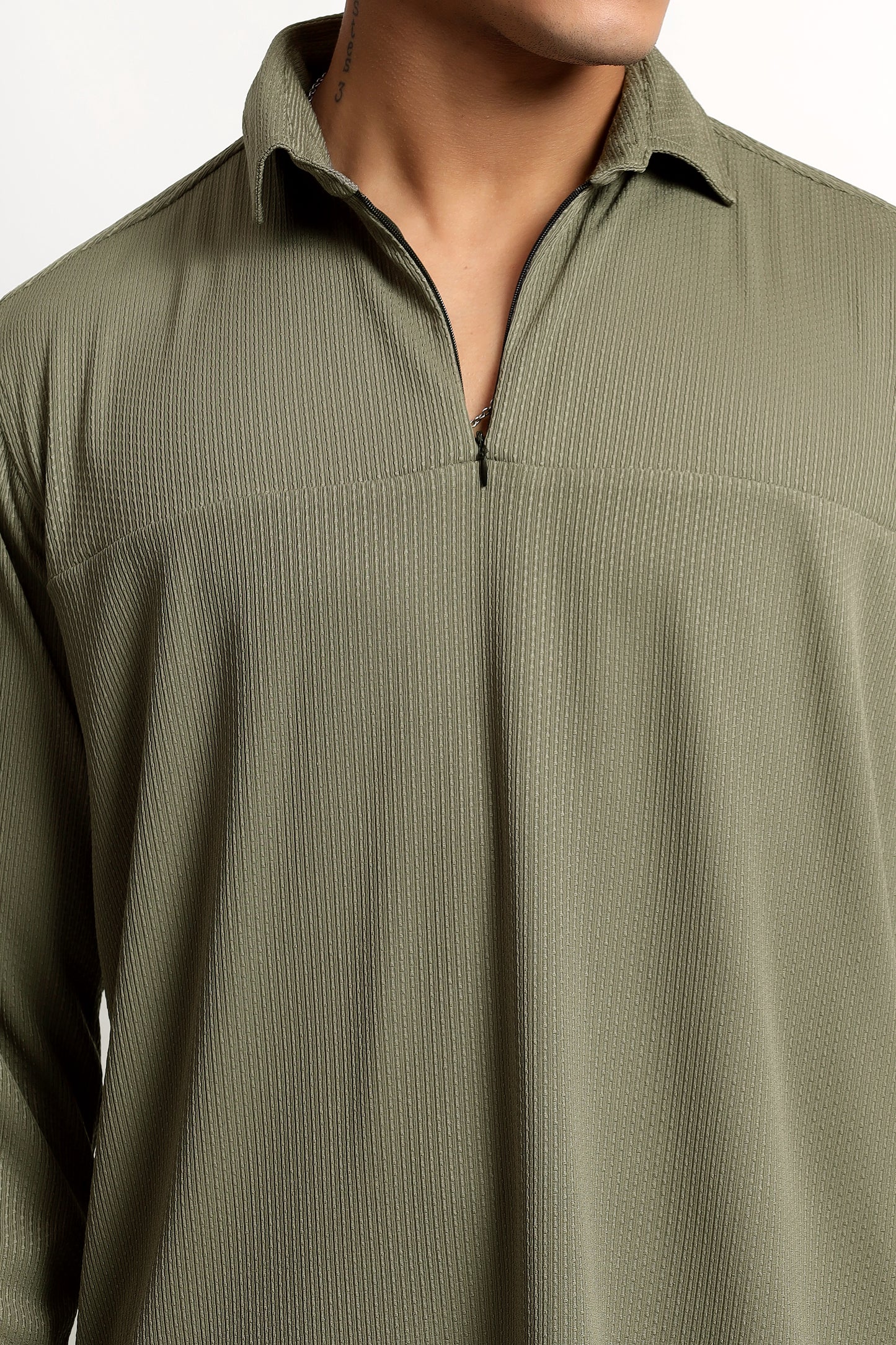 Regular Fit Half Zipper Olive Green Shirt