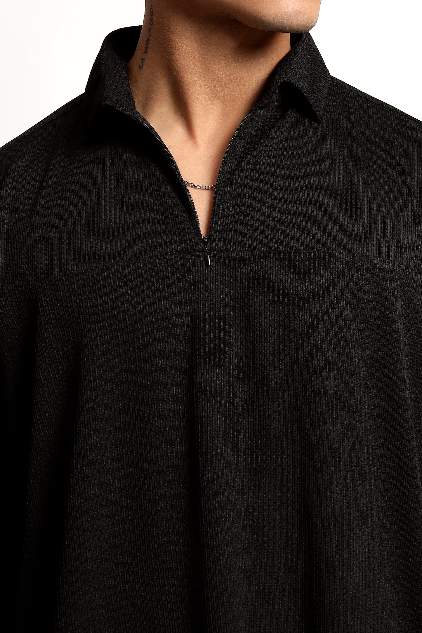 Regular Fit Half Zipper Black Shirt