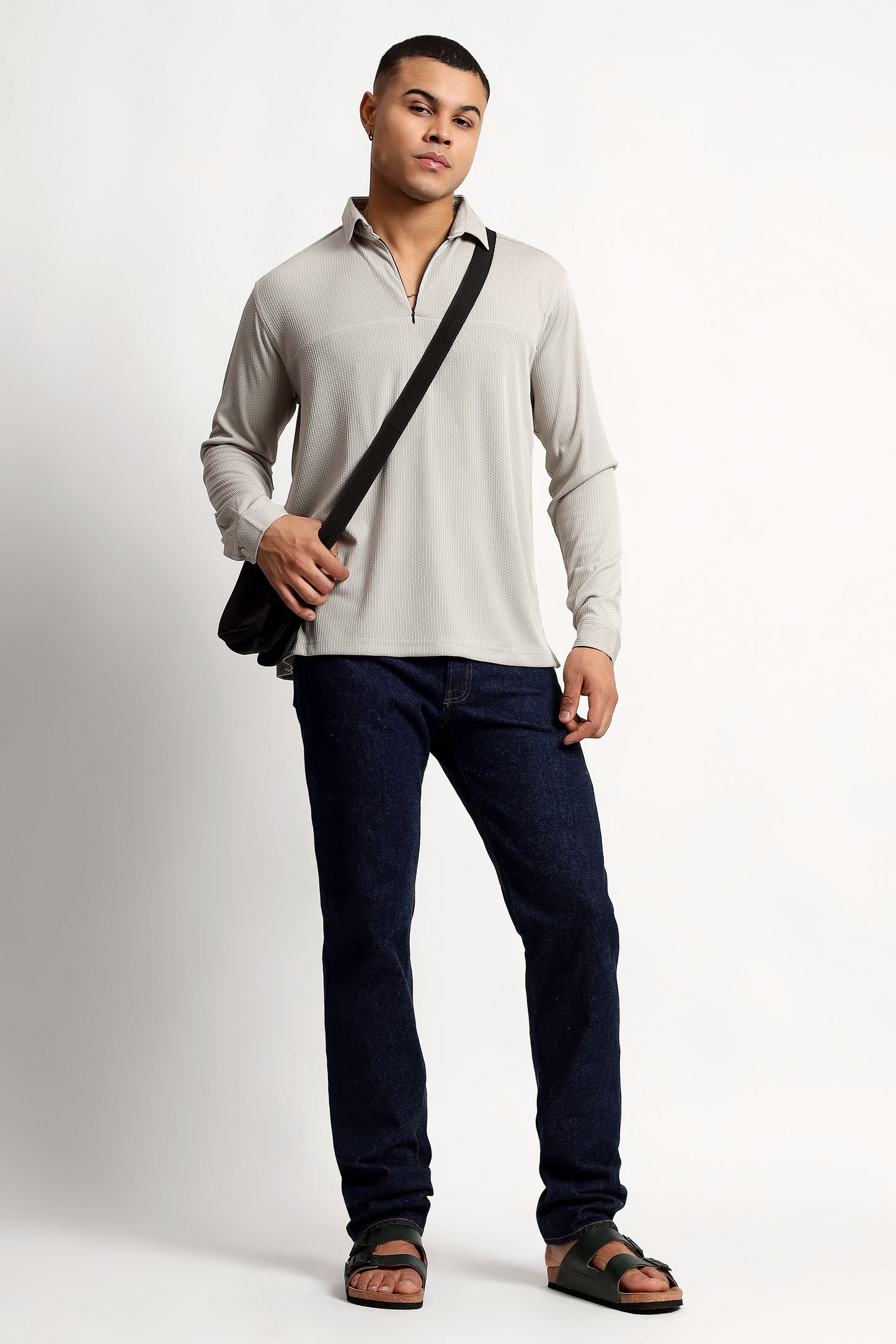 Regular Fit Half Zipper Light Grey Shirt