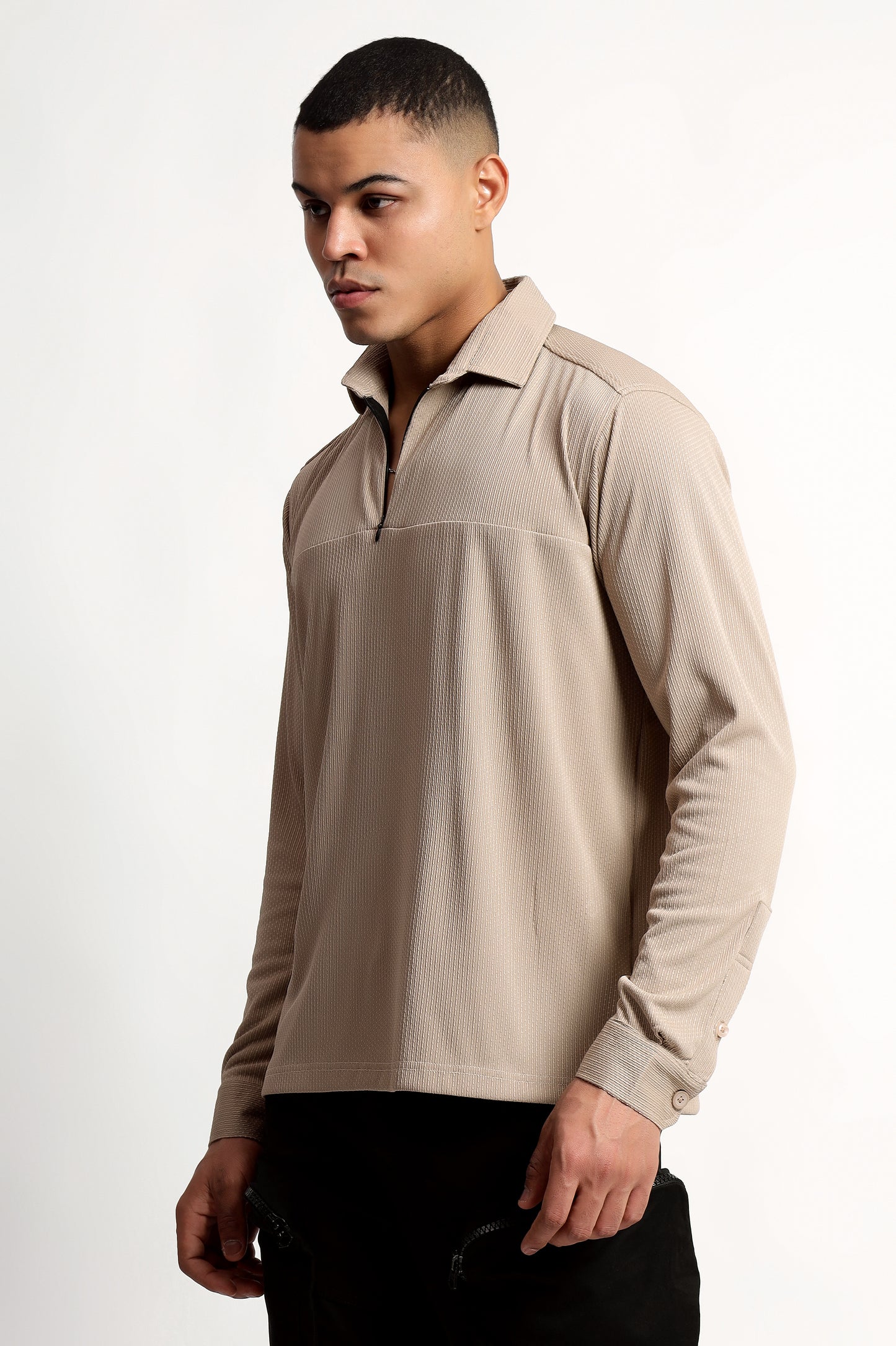 Regular Fit Half Zipper Beige Shirt