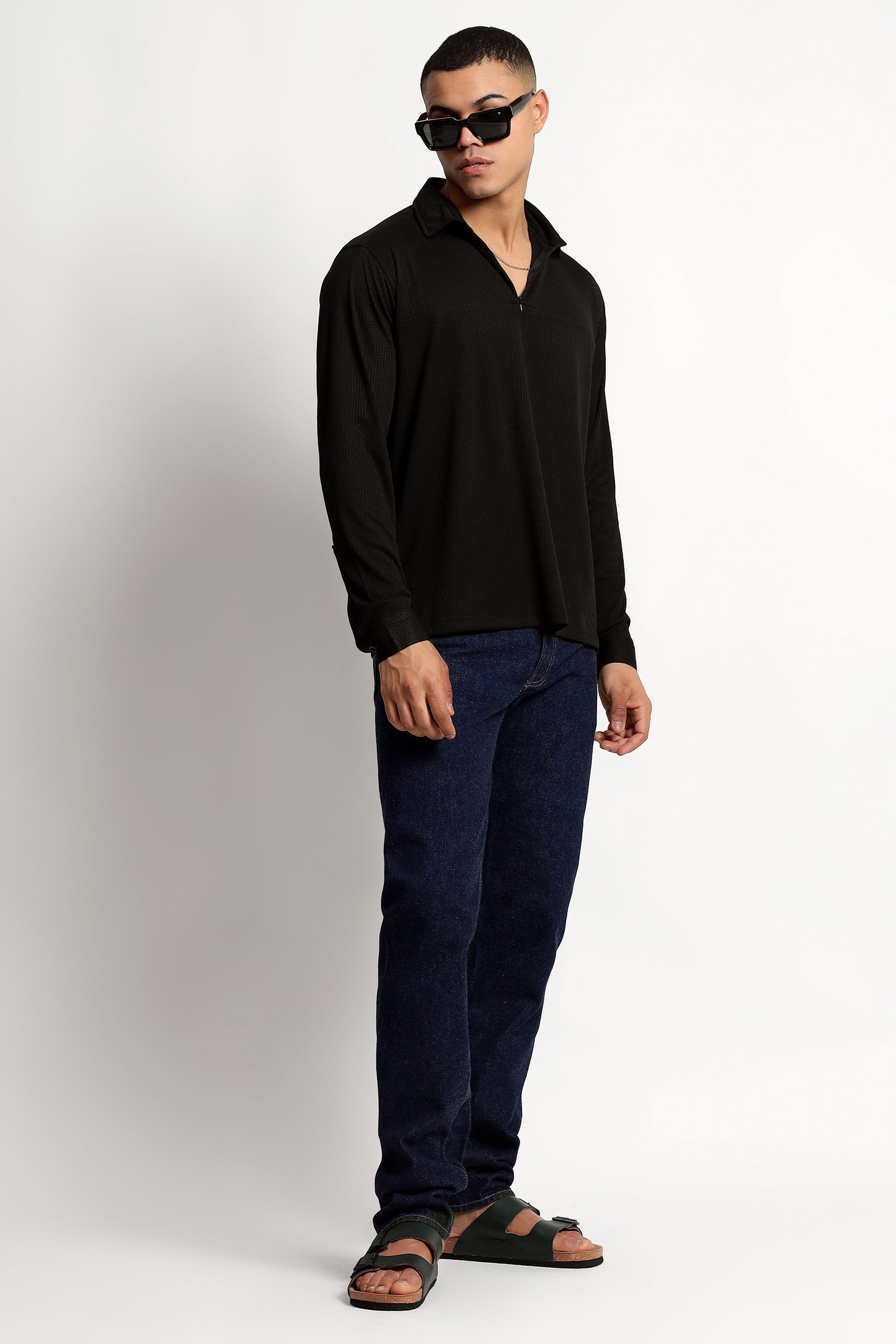 Regular Fit Half Zipper Black Shirt