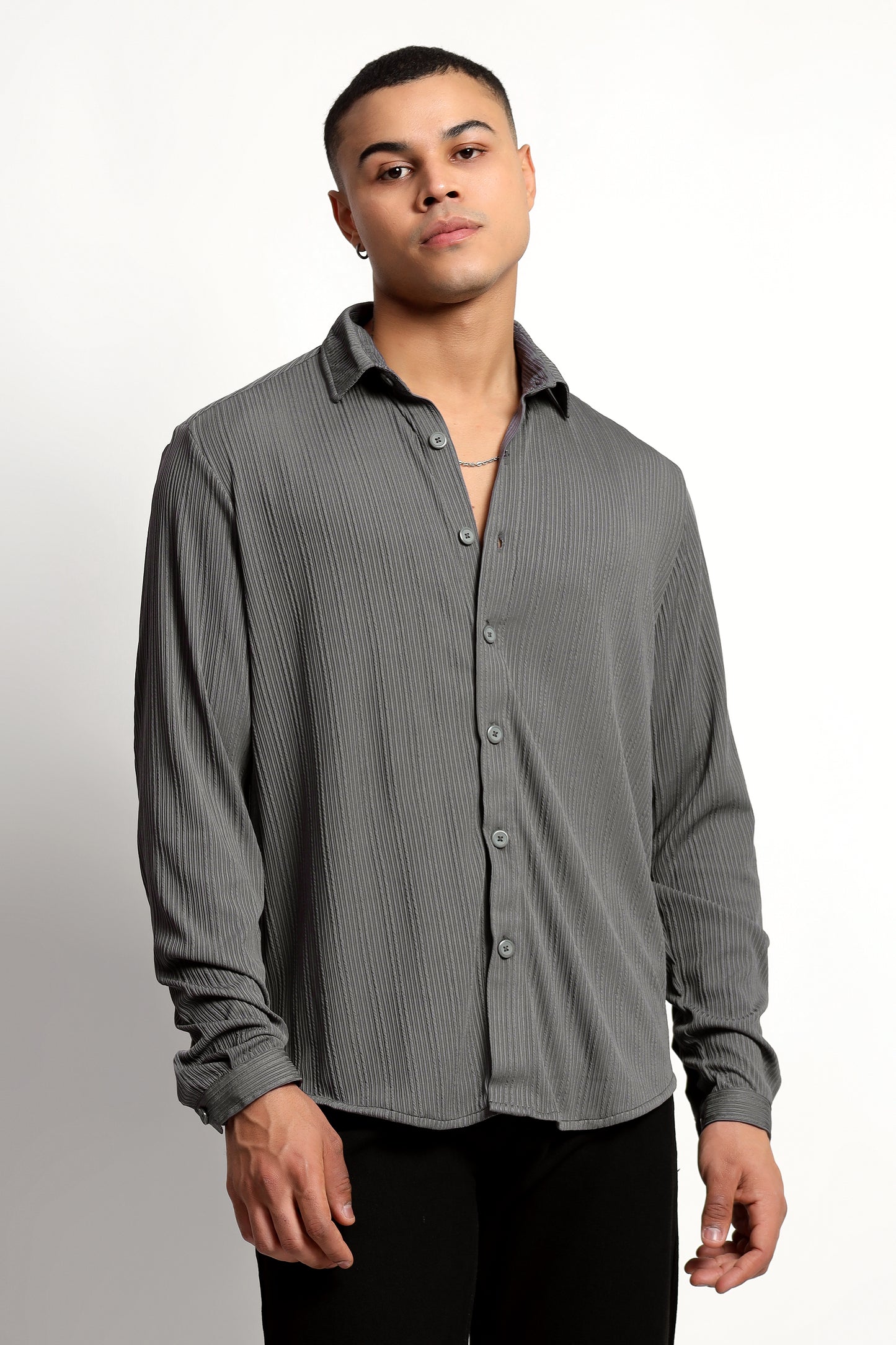 A Textured Vertical Stripes Grey Shirt