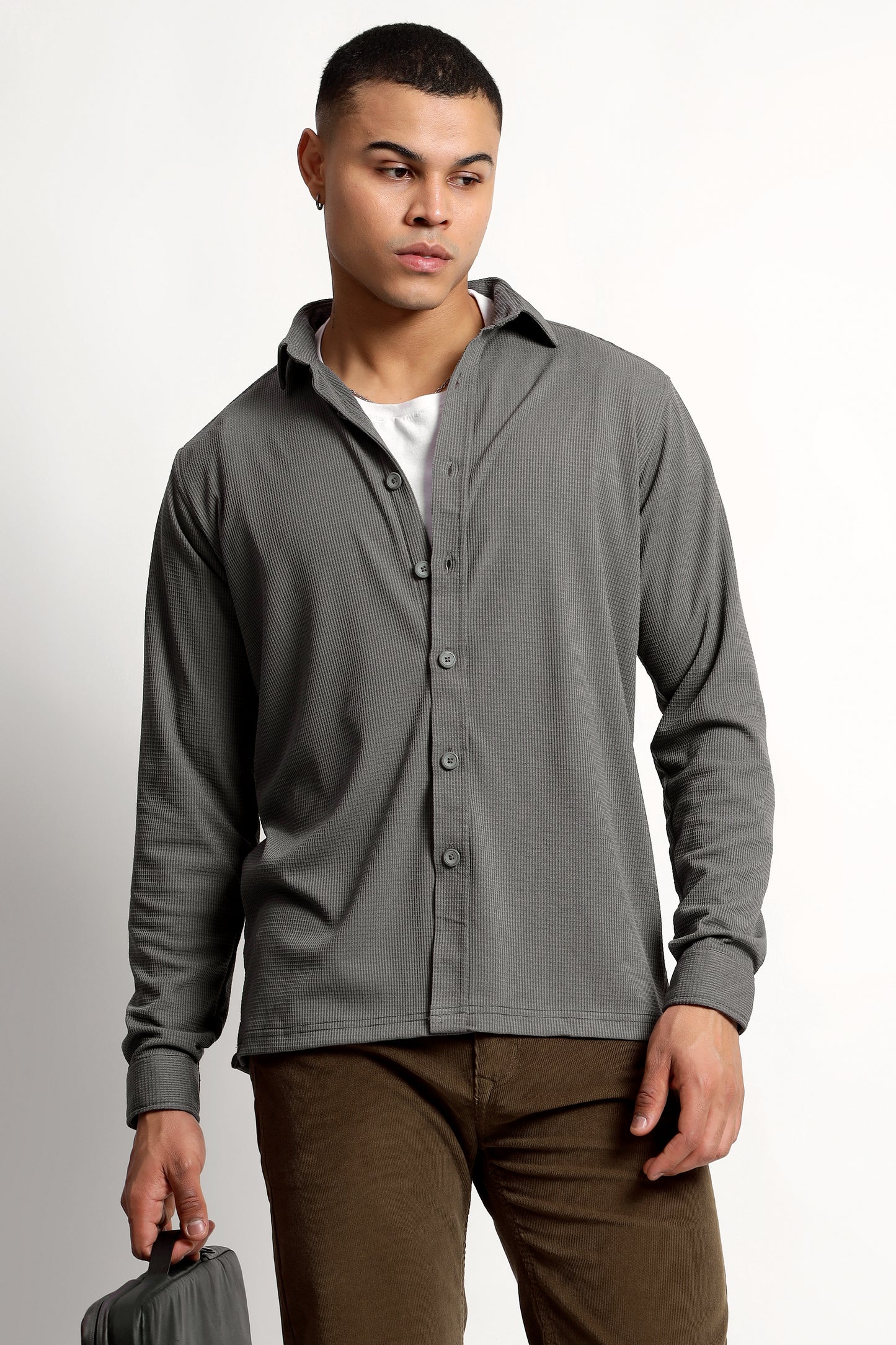 Regular fit Poly Cotton Grey Shirt