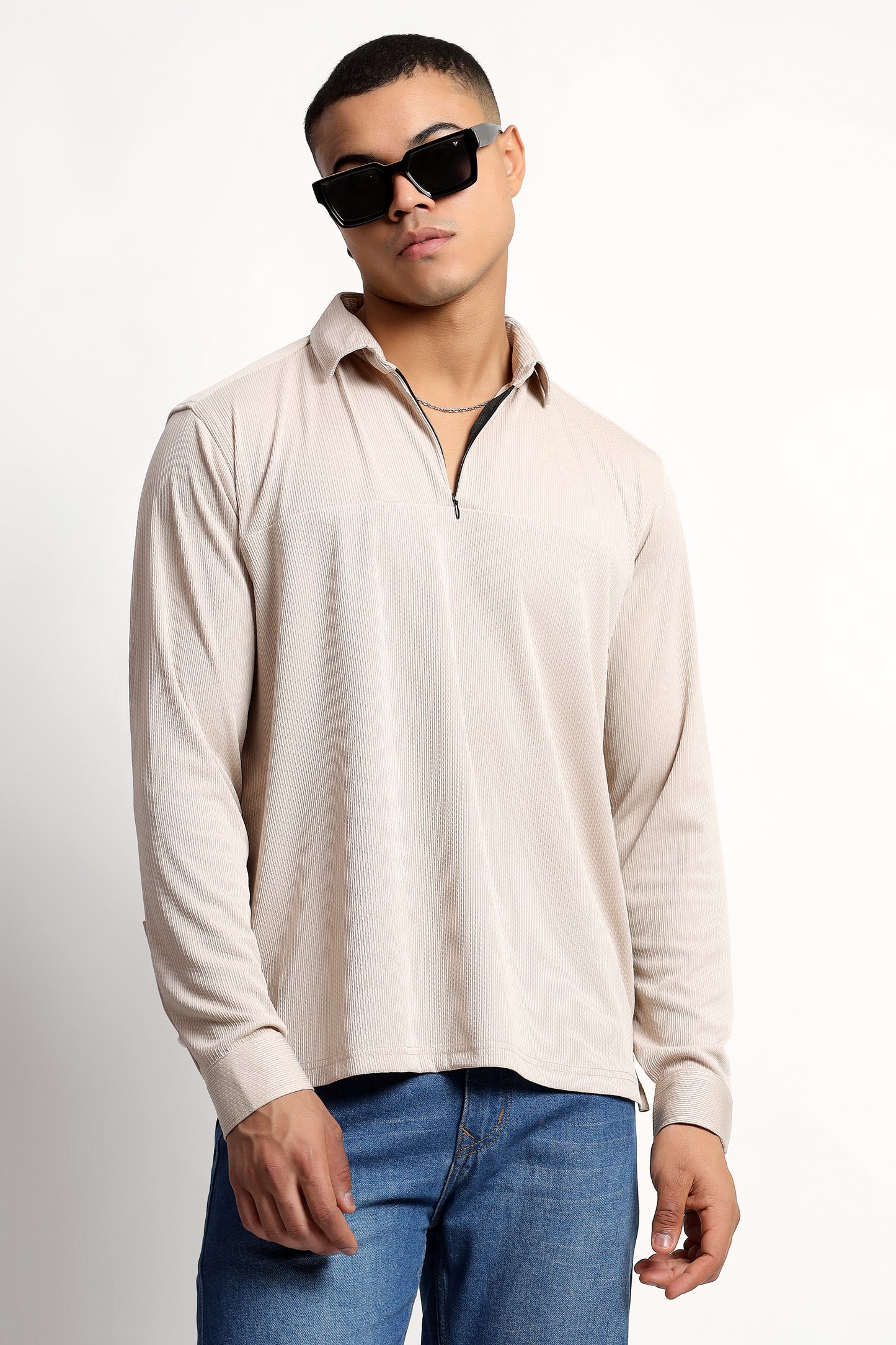 Regular Fit Half Zipper Light Beige Shirt