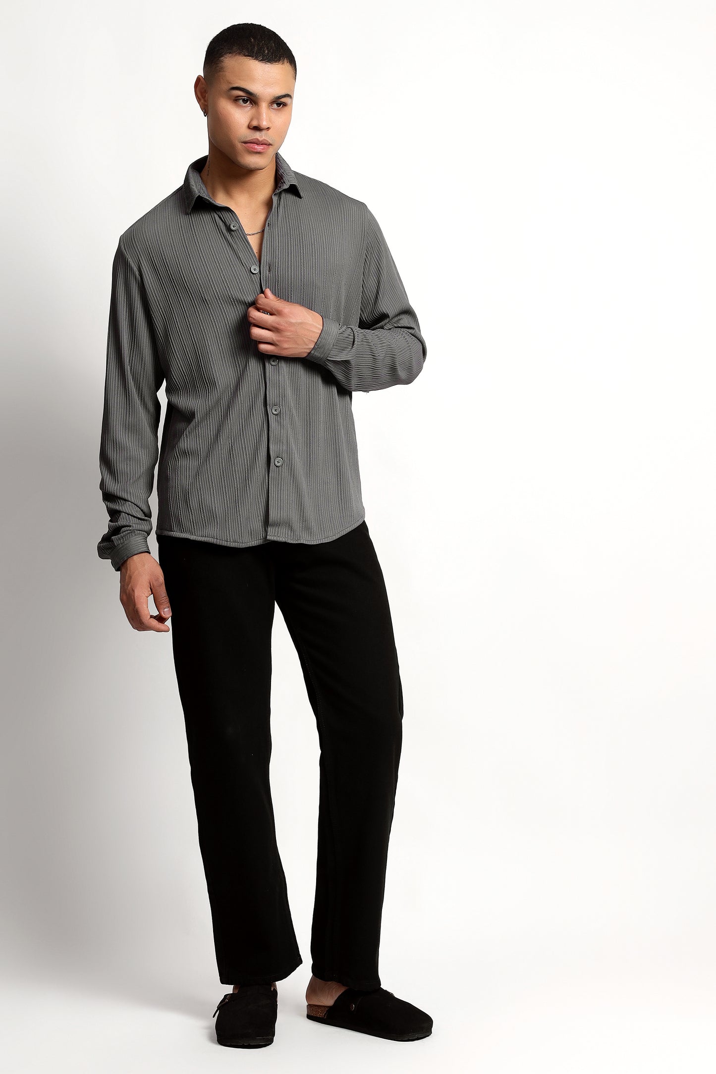 A Textured Vertical Stripes Grey Shirt