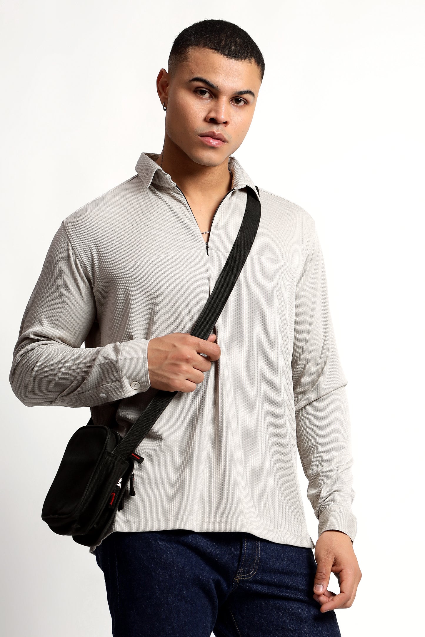 Regular Fit Half Zipper Light Grey Shirt