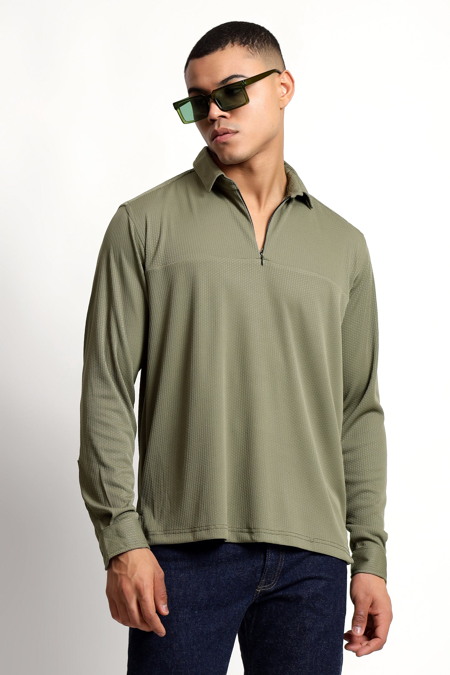 Regular Fit Half Zipper Olive Green Shirt