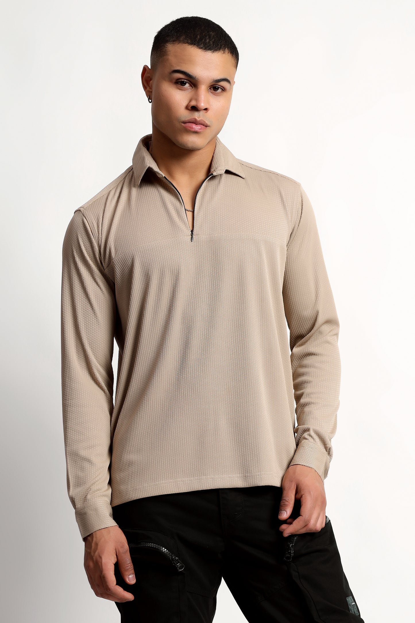 Regular Fit Half Zipper Beige Shirt