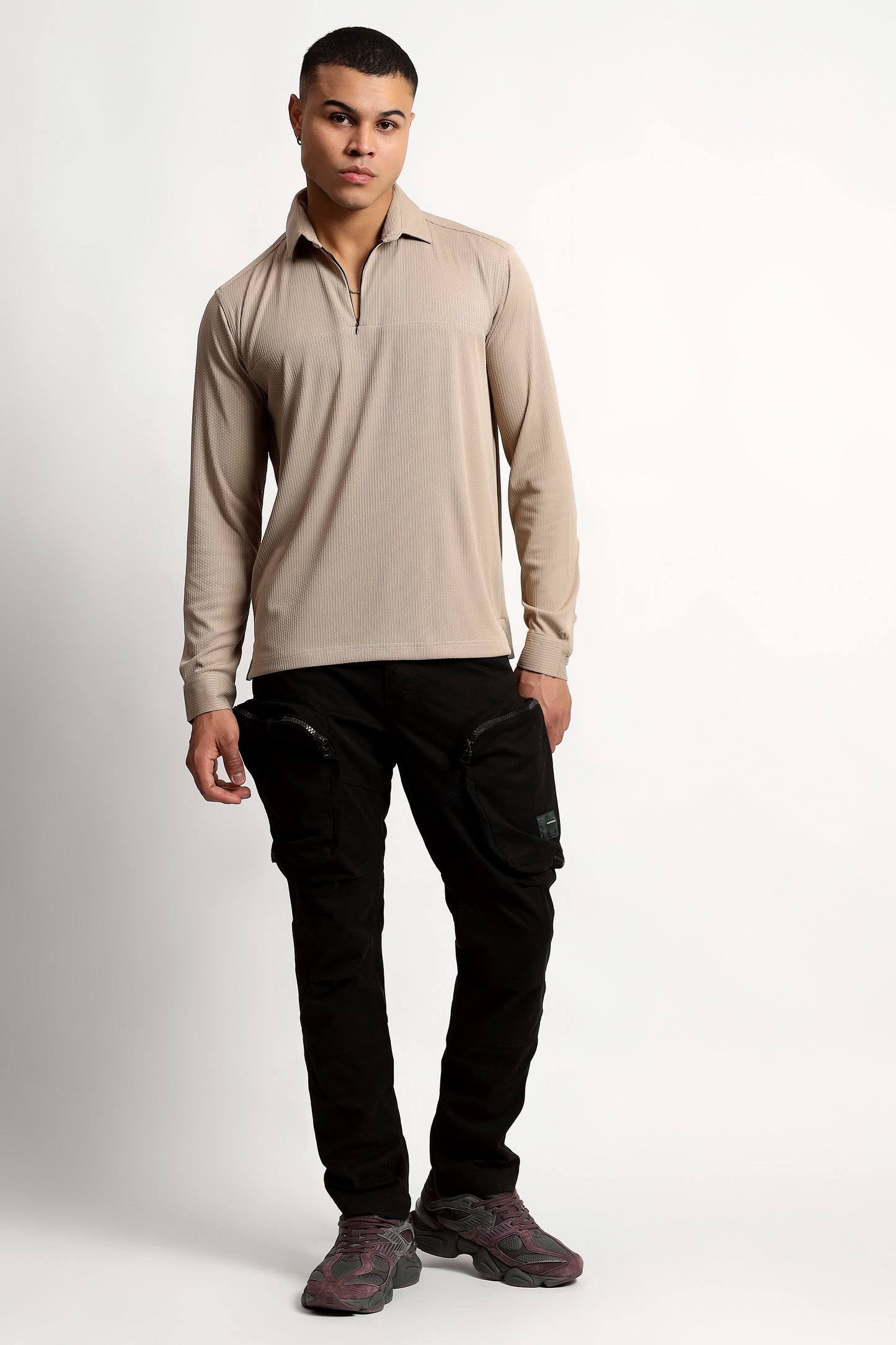 Regular Fit Half Zipper Beige Shirt