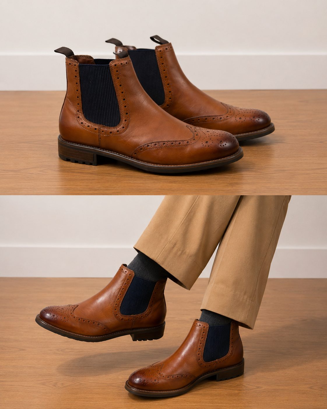 Mudih Premium Leather Wingtip Chelsea Boots – Tan