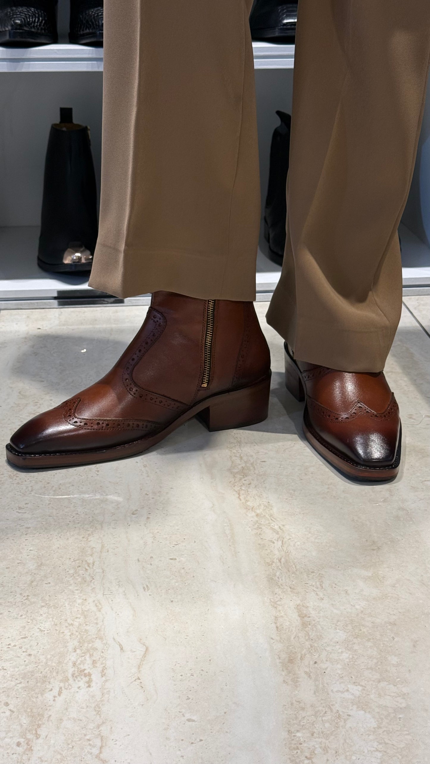 Cuban Heel Square-Toe Brogue Chelsea Boot