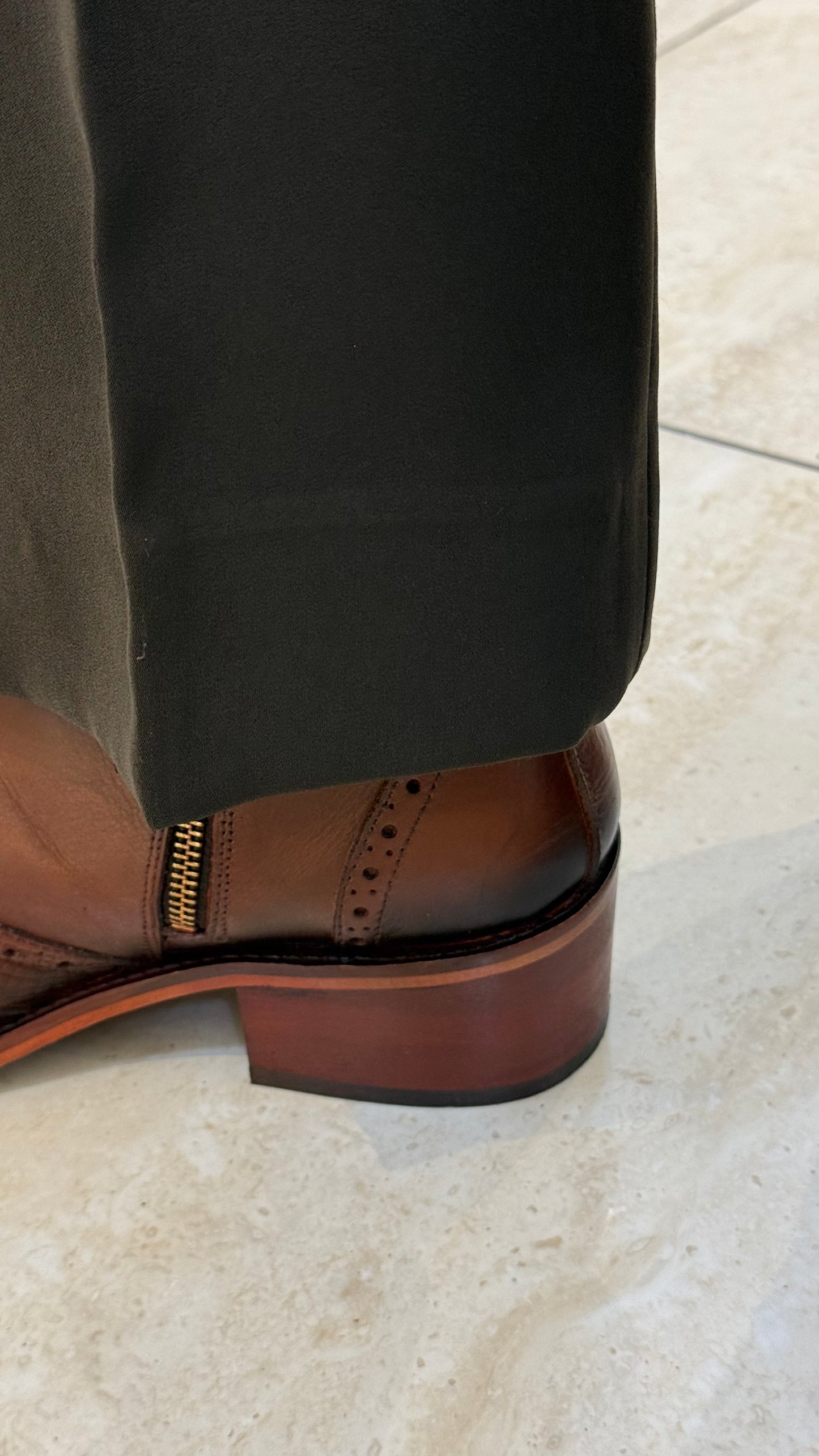Cuban Heel Square-Toe Brogue Chelsea Boot