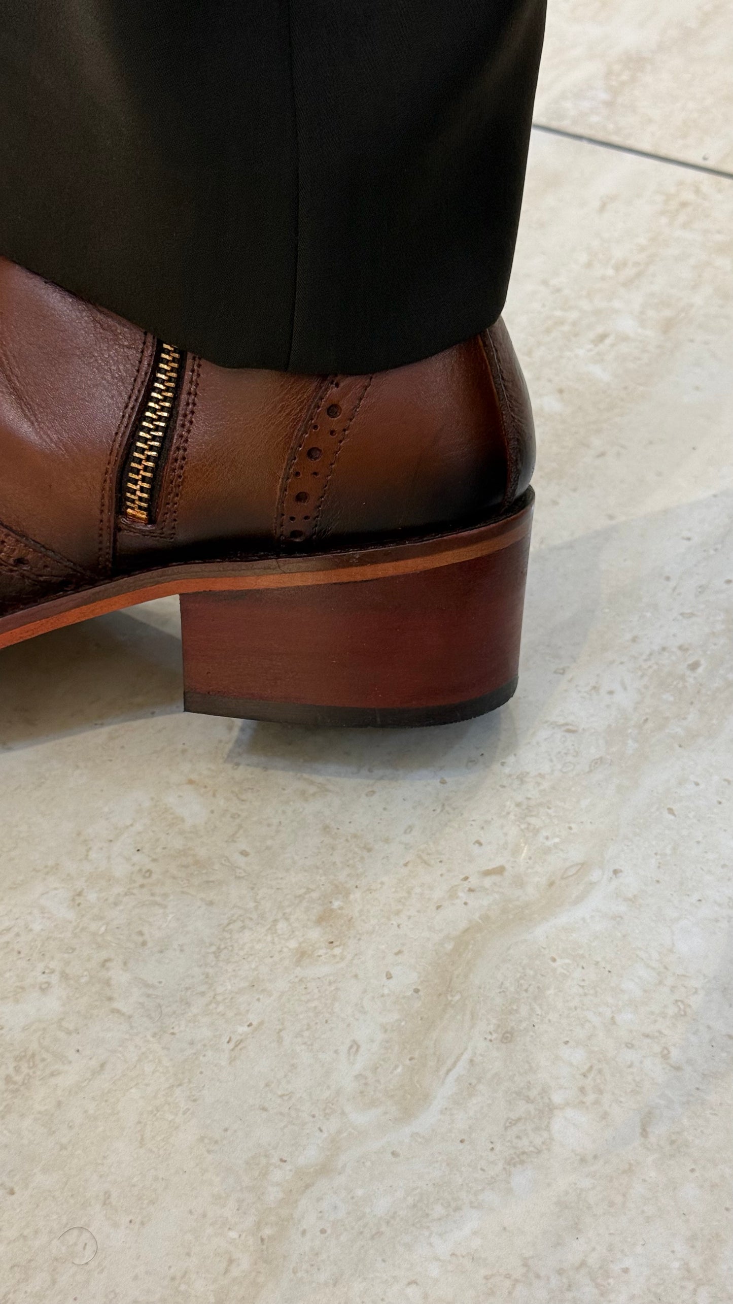 Cuban Heel Square-Toe Brogue Chelsea Boot