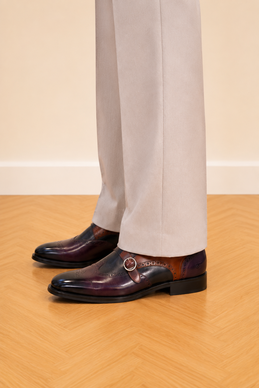 Mudih Hand-Painted Double Monk Strap Wingtip Dress Shoes – Burgundy Brown Patina Leather