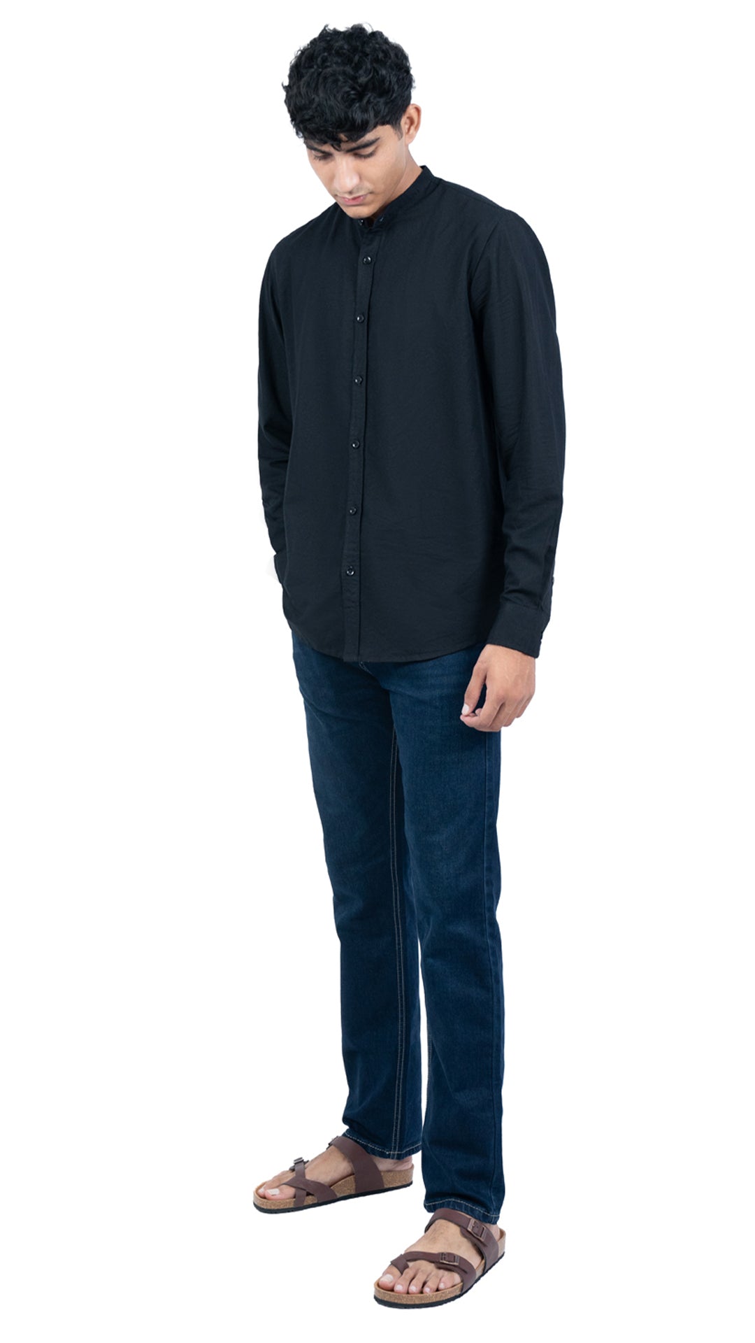 Men's Casual Solid Mandarin collar Black Shirt