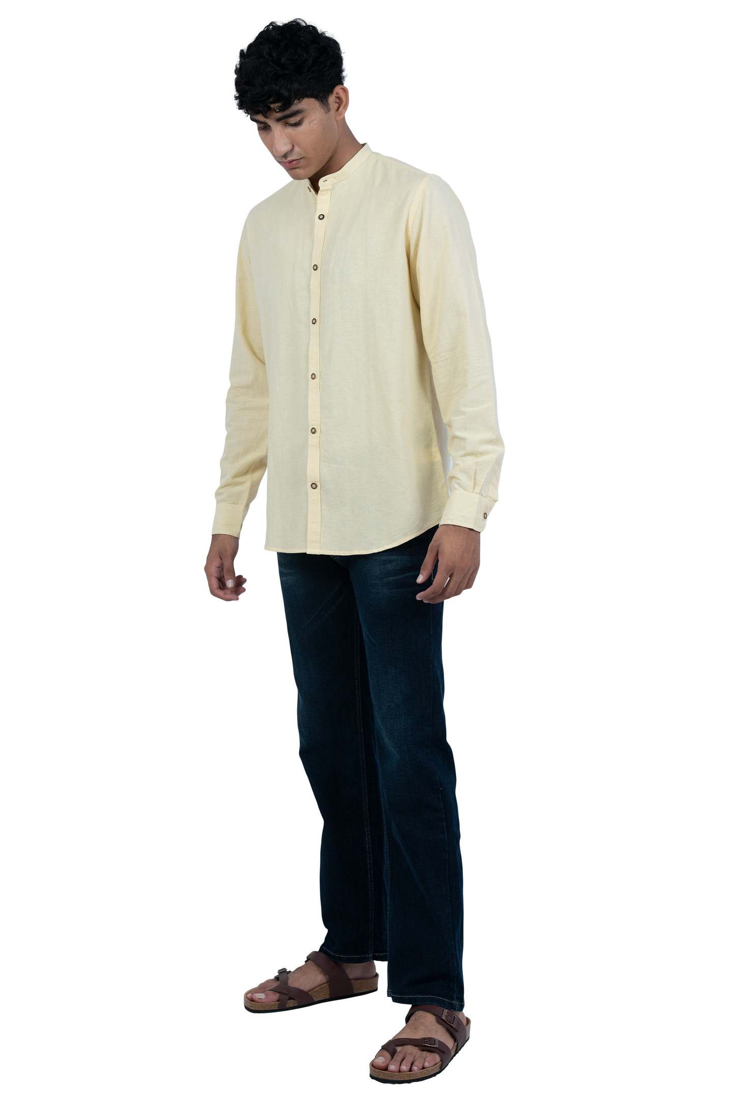 Men's Casual Solid Mandarin collar Yellow Shirt