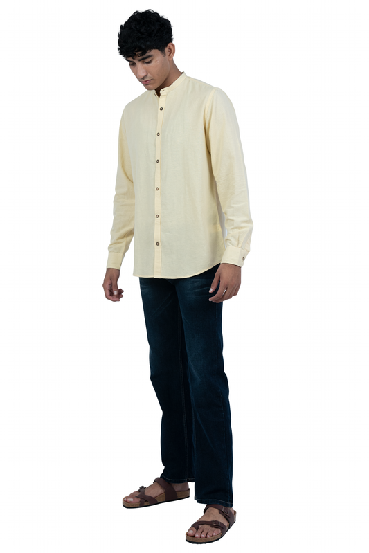 Men's Casual Solid Mandarin collar Yellow Shirt
