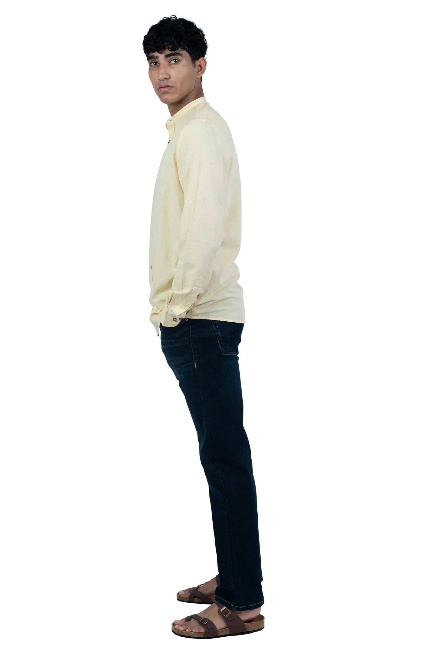 Men's Casual Solid Mandarin collar Yellow Shirt